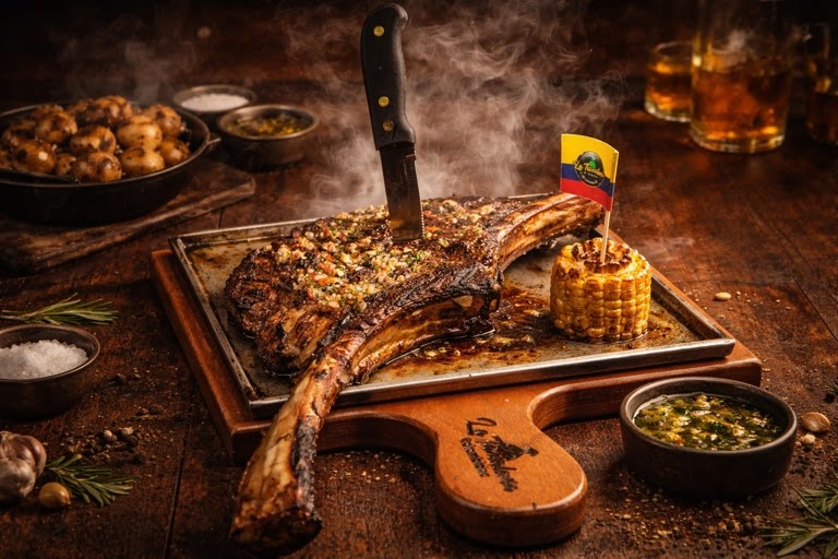 Grilled tomahawk steak with chimichurri, served sizzling at Little Colombia
